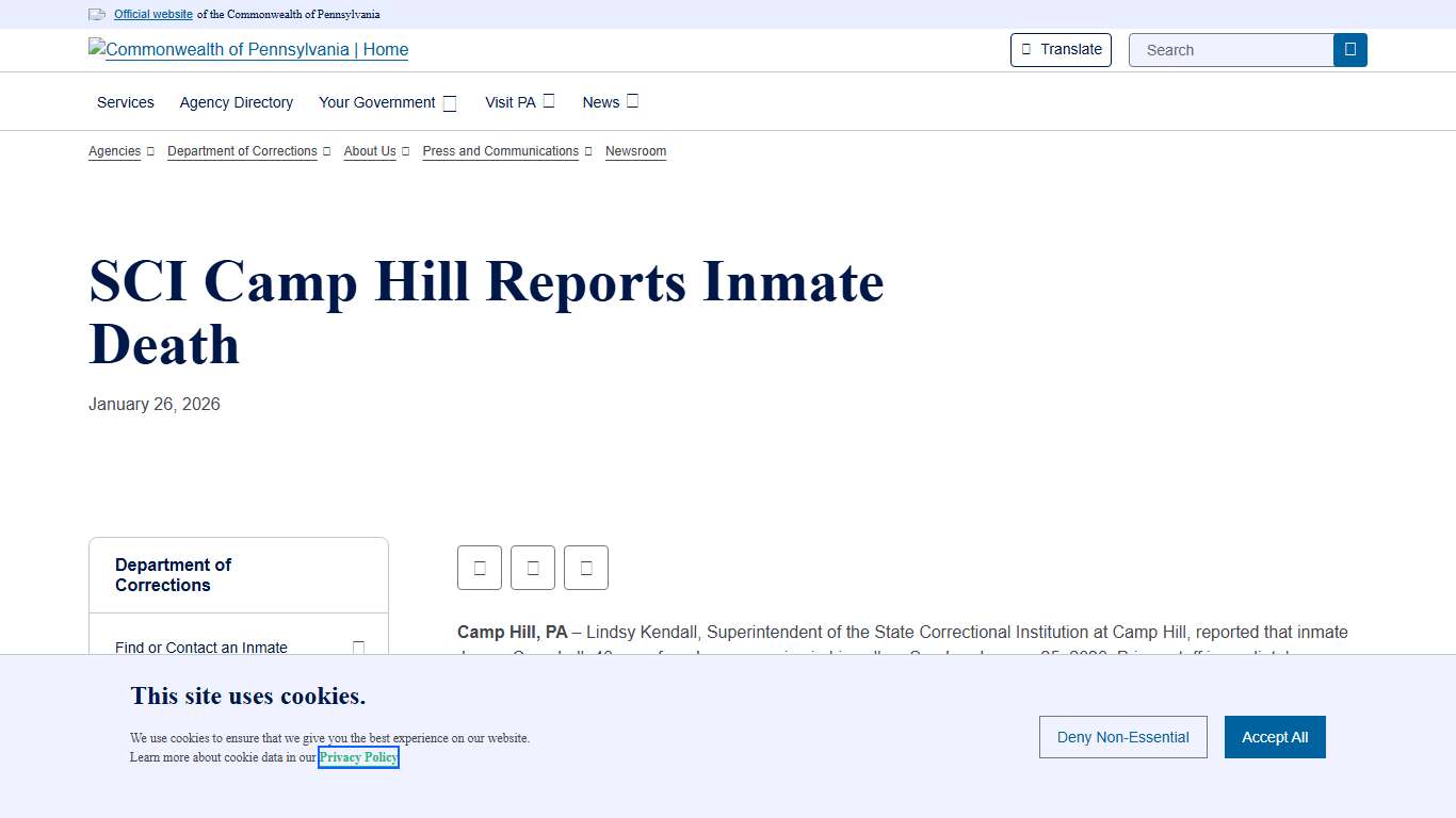 SCI Camp Hill Reports Inmate Death Department of Corrections Commonwealth of Pennsylvania